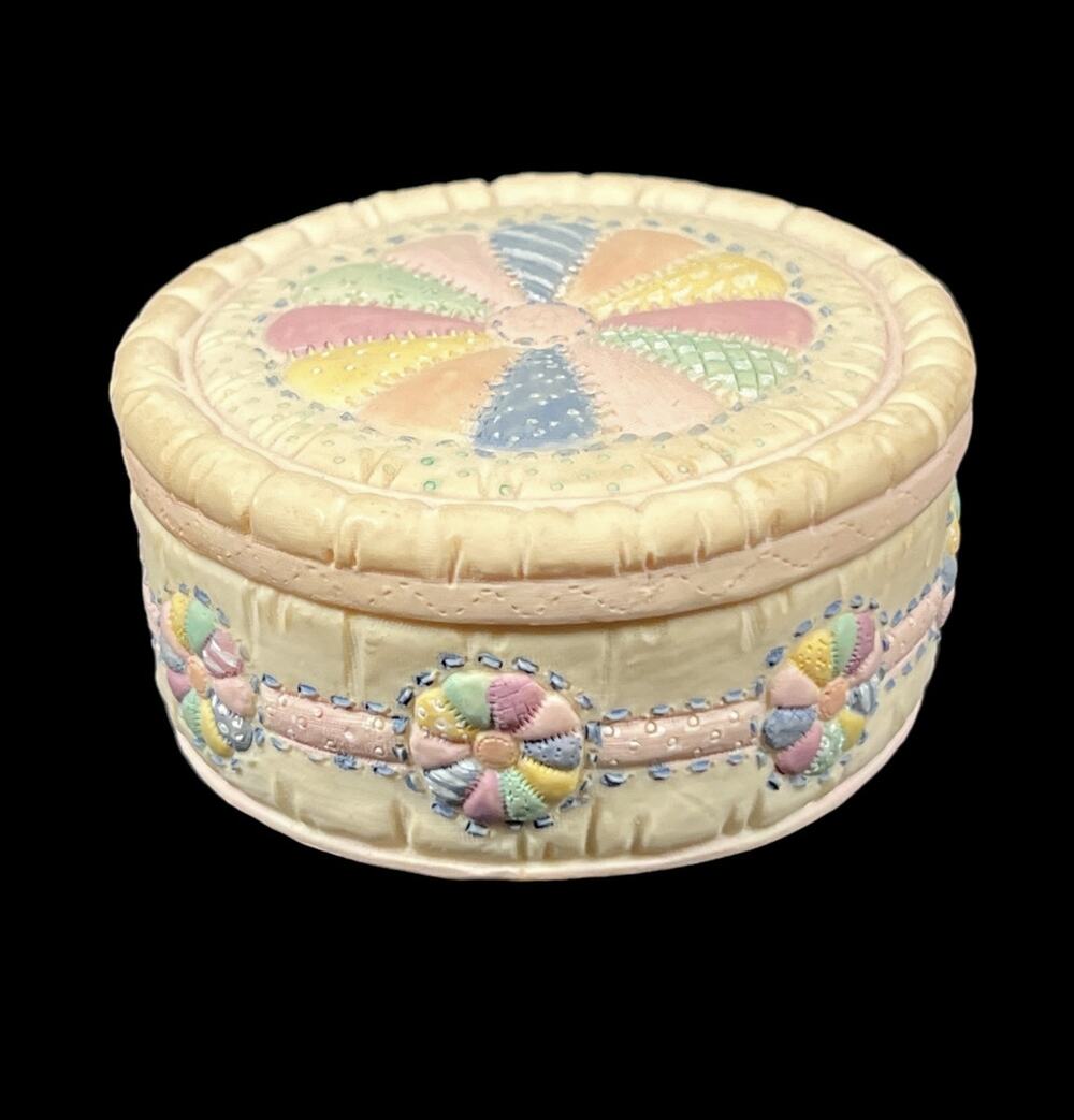 Vintage Dezine Trinket Box With Lid Colorful Quilt Design Hand Painted Textured